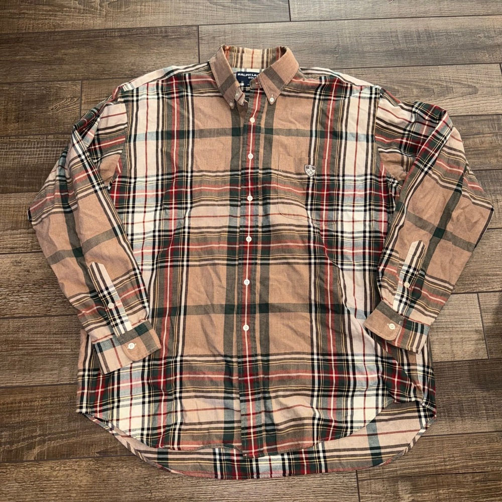 Ralph Lauren Golf Tilden Plaid Button Down Shirt Mens XL Tan Red Cotton Crest